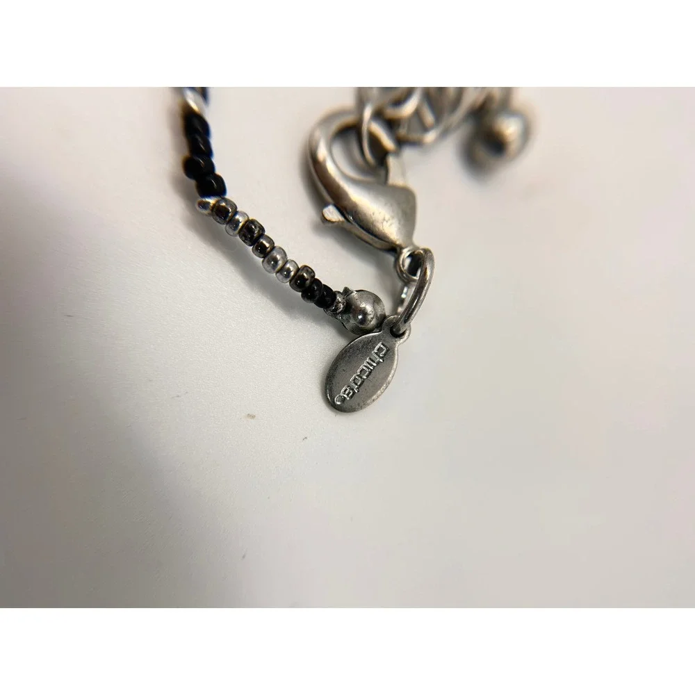 Chicos Long Beaded Necklace Womens OS Silver Black Good Hammered Disc Layered